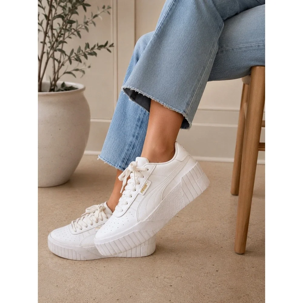 Puma Cali Wedge Womens White Leather Chunky Platform Sneakers Size 7.5
